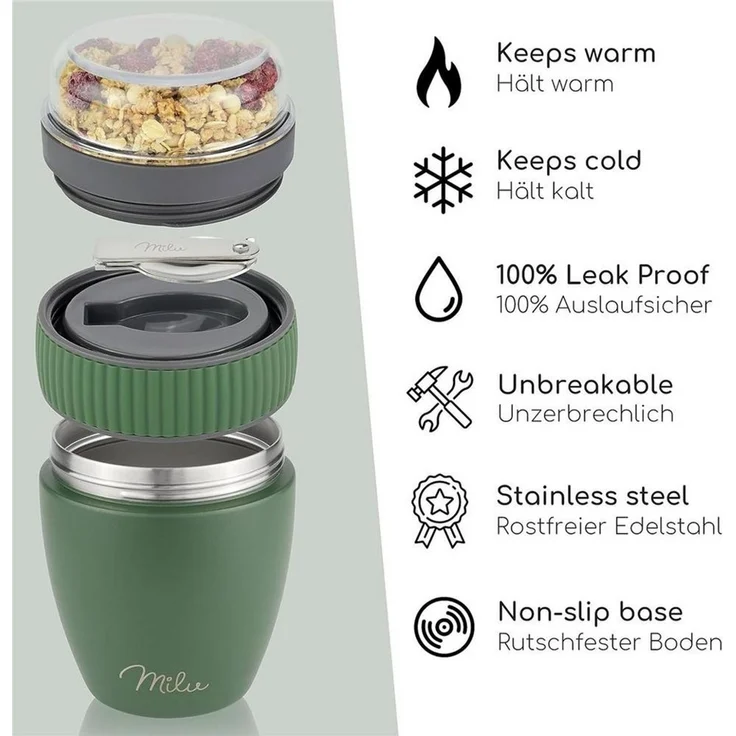 Milu Müslibox Müslibecher To Go Edelstahl 400 ml, isoliert, auslaufsicher, Müslimax Set – Bild 3
