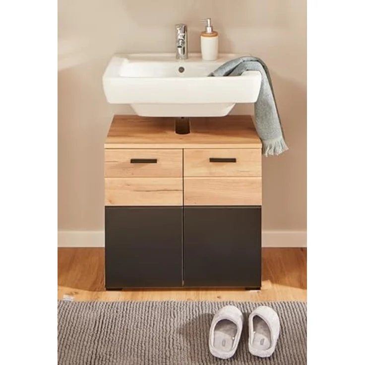 Waschbeckenunterschrank >Riom< in Eiche Artisan-Schwarz matt - 60x55x37 (BxHxT) – Bild 1