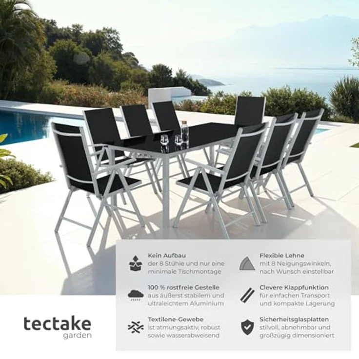 tectake® Aluminium Sitzgruppe 8+1, Gartenmöbel Set mit Stuhl und Tisch, klappbare Gartenstühle, Gartentisch mit Sicherheitsglas, wetterfeste Terrassenmöbel, für Garten Terrasse Balkon - Silber – Bild 3