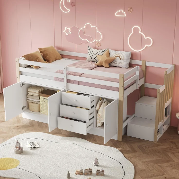 Odikalo Kinderbett Hochbett Einzelbett Schubladen Stauschränken Wäschestange Weiß 90x200 – Bild 1