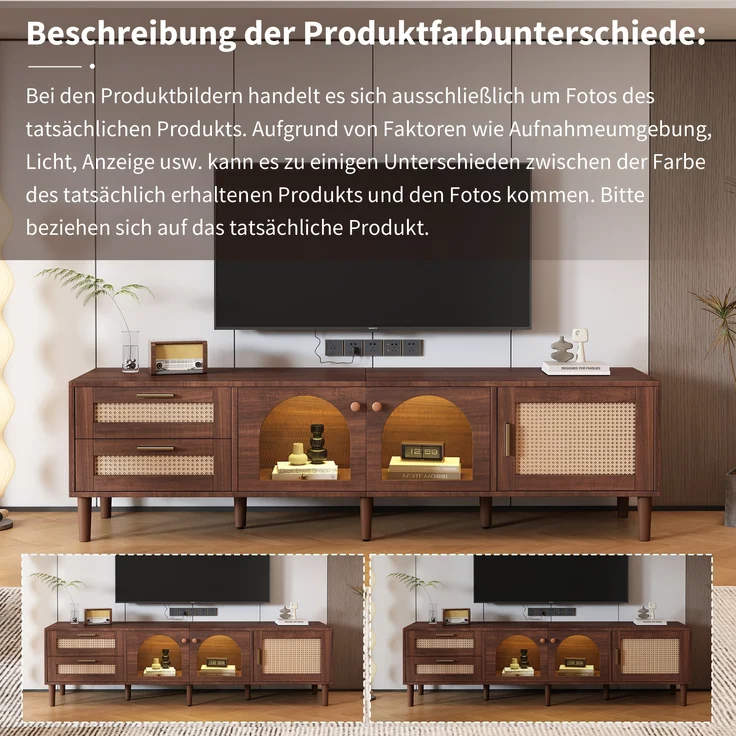 TV-Schrank, mit Rattan-Schubladen, 3 Türen, LED-Licht & höhenverstellbaren Füßen, 180x40x50 cm, Braun – Bild 9