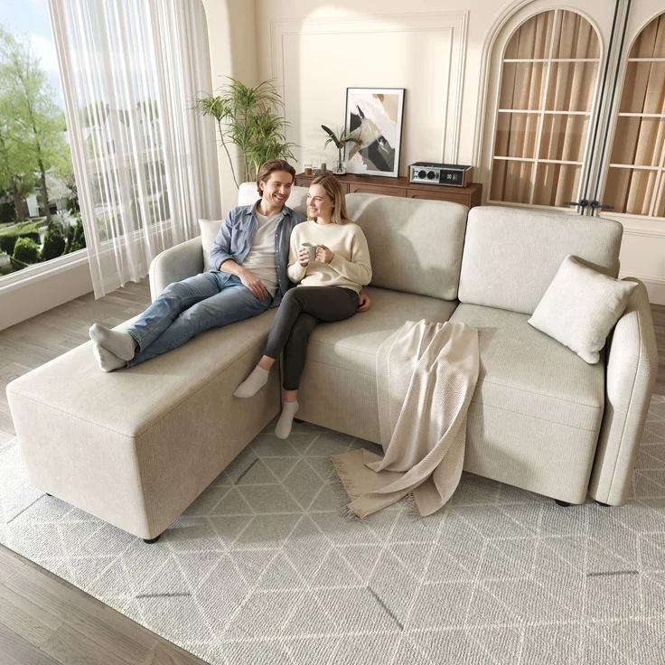 EINHOM L-Form Ecksofa 3-Sitzer mit langer Liegefläche (144 cm), hochwertiger Chenille-Bezug, hoher Sitzkomfort durch Hochdichteschaum, bis 150 kg Tragkraft inklusive 2 Kissen für Wohnung & Studentenwohnheim – Bild 3