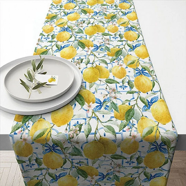 Ambiente Luxury Paper Products Tischläufer, Tischläufer Baumwolle 40cm x 1,5m mit Zitronen Muster Gelb / Weiß – Bild 1
