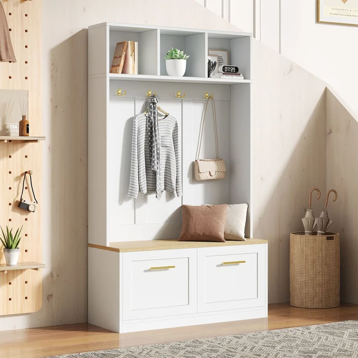 Garderobenset mit Sitzbank, offenem Stauraum und 2 Türen – Kompaktgarderobe mit 4 Haken, in Natur & Weiß, Maße 105 × 40 × 180 cm--Natur + Weiß--105x40x180cm--YOUDENOVA – Bild 6