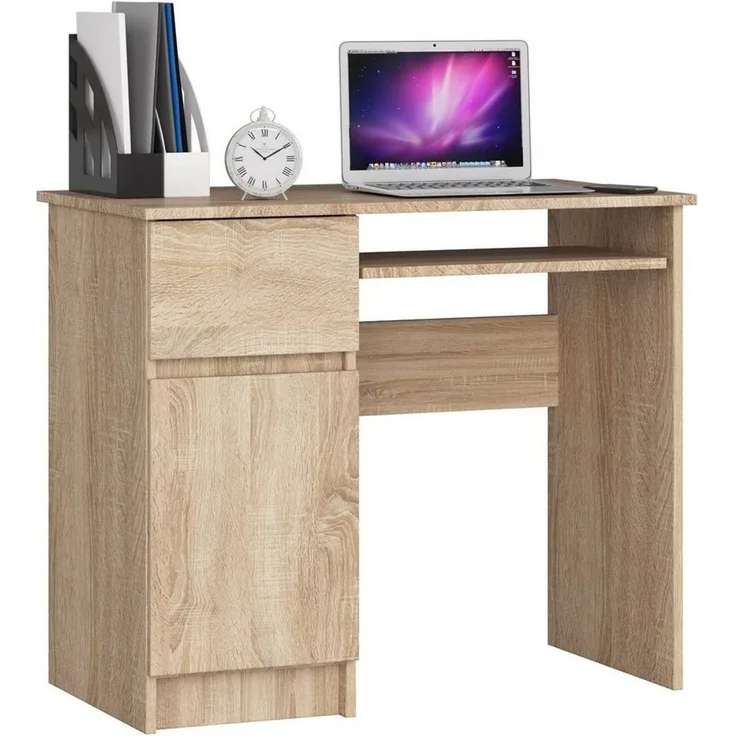Home Collective Computertisch Schreibtisch Bürotisch Gaming Tisch mit ausziehbarer Tastaturablage, mit 1 Schublade und 1 Tür links, 90 x 50 x 77 cm, Sonoma Eiche