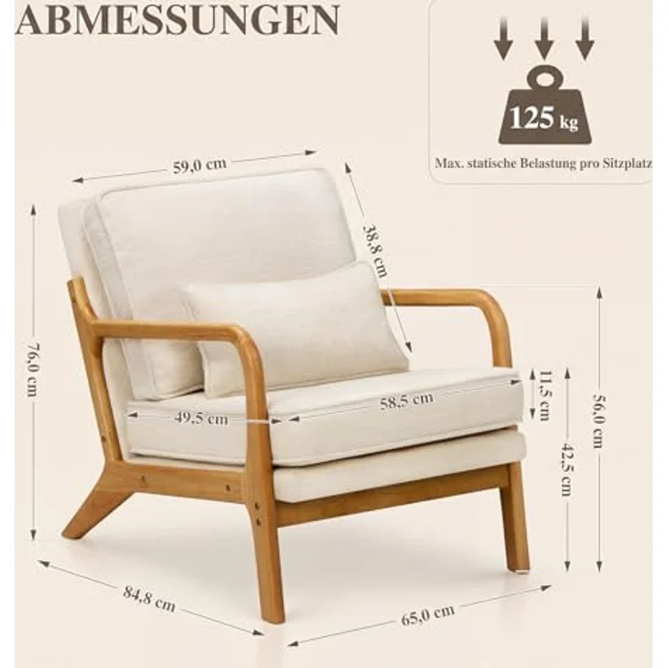 COLAMY Sessel Wohnzimmer Mid-Century Modern 2er Set, Loungesessel mit Lendenkissen, Massivholzrahmen & weichem Polster, bequemer Lesesessel für Wohnzimmer und Schlafzimmer, Beige – Bild 2