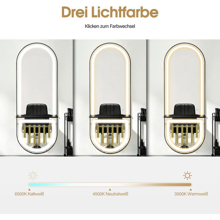 BarberPub Wandspiegel mit Beleuchtung, Ganzkörperspiegel mit Aluminiumrahmen, Spiegel Groß mit Ablage, Touch-Schalter, 3 Lichtfarben Dimmbar, Mondern für Friseursalon, 17x65x177 cm, J6257 (Schwarz) – Bild 4