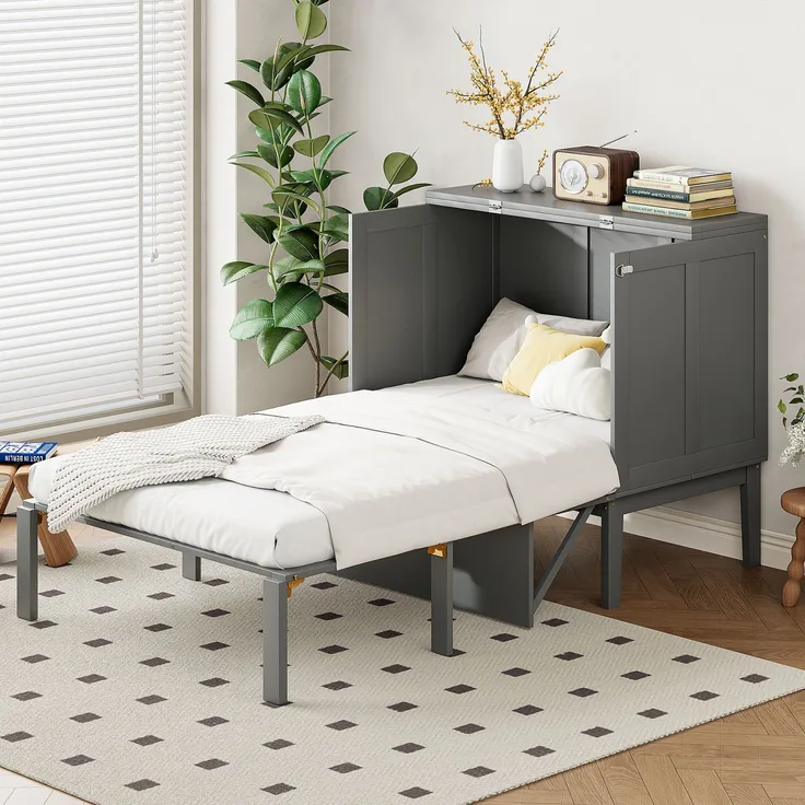 Novelux Vertikales Schrankbett 90x200 cm Wandklappbett mit Lattenrost – Platzsparendes Einzelbett aus Holz & Metall für kleine Räume, Grau, 150 kg