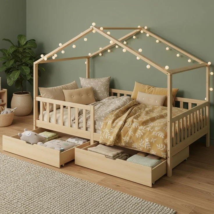 Bellabino 'Bia' Hausbett 120x200 cm mit 2 Schubladen, natur, Kiefer Massivholz, Montessori Kinderbett mit Stauraum, inkl. Rausfallschutz und Lattenrost – Bild 1