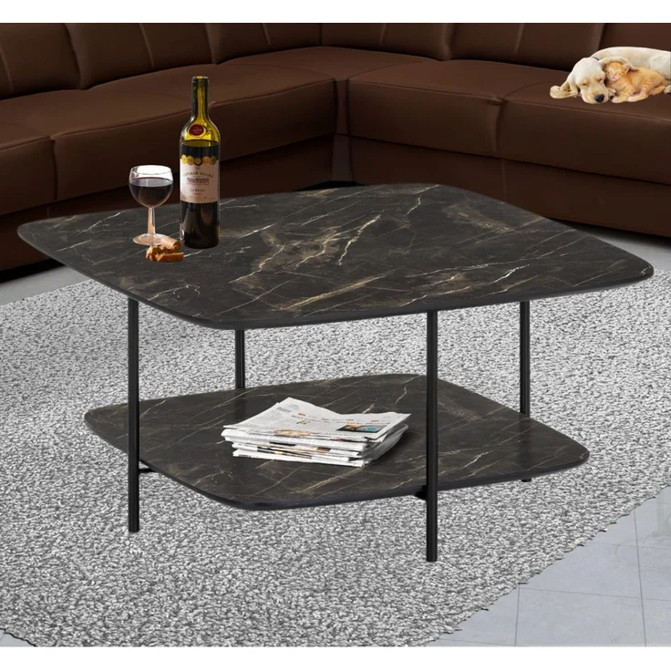 Moderner Design Couchtisch MARMOL 75cm schwarz Marmor-Optik Metallgestell – Bild 2