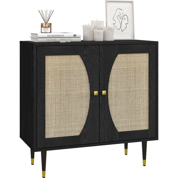Küchenbuffet, Aufbewahrungsmöbel im Boho-Design, zweiflügelig mit 2 Ebenen, Rattan-Front, 80 x 38 x 79 cm, schwarz