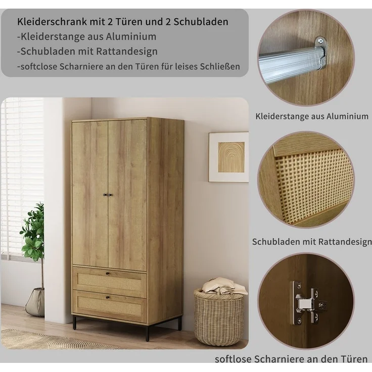 OTTO home Kleiderschrank Motala Schlafzimmerschrank Garderobe Boho Eichen-Design Bestseller (Moderne schwarze Griffe, Schublade mit Geflecht) Schlafzimmerschrank mit 2 Türen und 2 Schubladen – Bild 3