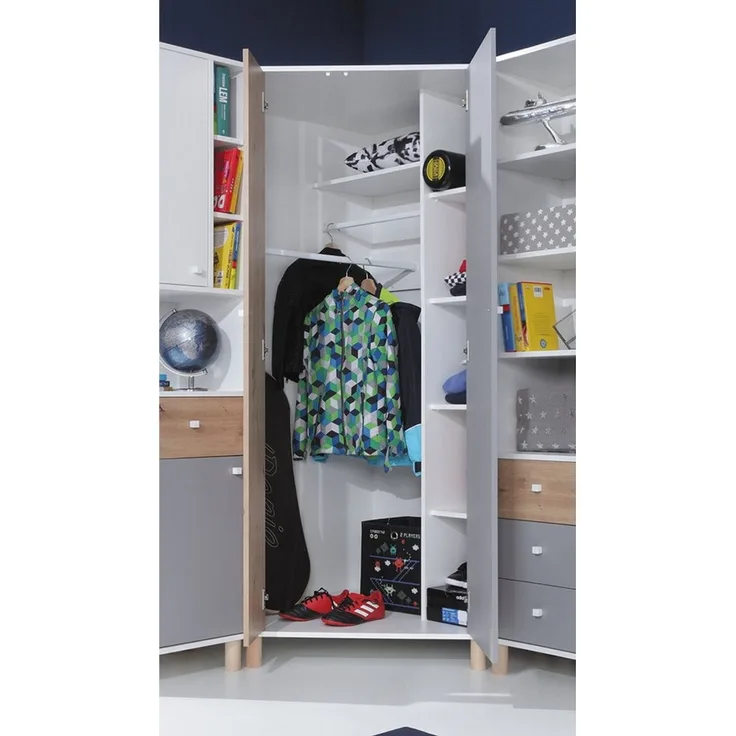 Lomadox Jugendzimmer-Set FAIRFAX-133, (Sparset, 3-tlg), mit Eckkleiderschrank in weiß mit Eiche und grau