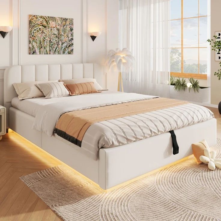 Polsterbett, Doppelbett, 140 x 200 cm, Bett mit Lattenrost, Kopfteil, Gepolstertes Kopfteil, Hydraulische Lagerung, Mit LED-Lichtleiste, Ohne Matratze, Beige Chenille – Bild 3