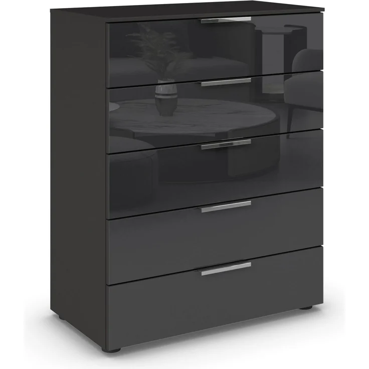 Rauch Möbel Flipp, Kommode für Schlafzimmer, Kinderzimmer, Wohnzimmer, Jugendzimmer, Flur, Garderobe, 5 Schubladen, mit Softclose Funktion, Griffe Chrom, Farbe Front Glas Schwarz, Breite 80 cm