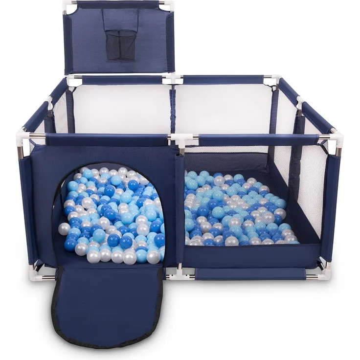 Selonis Laufstall Mit Korb Und 100 Bälle Laufgitter Für Kinder, Blau:Blau/Babyblue/Perle