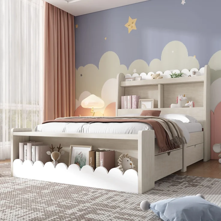 Kinderbett Massivholz/MDF mit 2 Schubladen & Regal, 240x98x100 cm, Weiß/Eichefarben, ohne Matratze – Bild 1