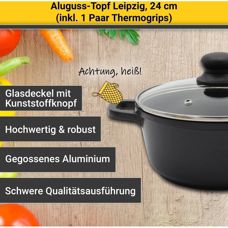 Krüger Fleischtopf Aluguss Fleischtopf mit Glasdeckel inkl. Thermogrips LEIPZIG, Aluminiumguss (1-tlg), hochwertige Antihaft-Versiegelung – Bild 3