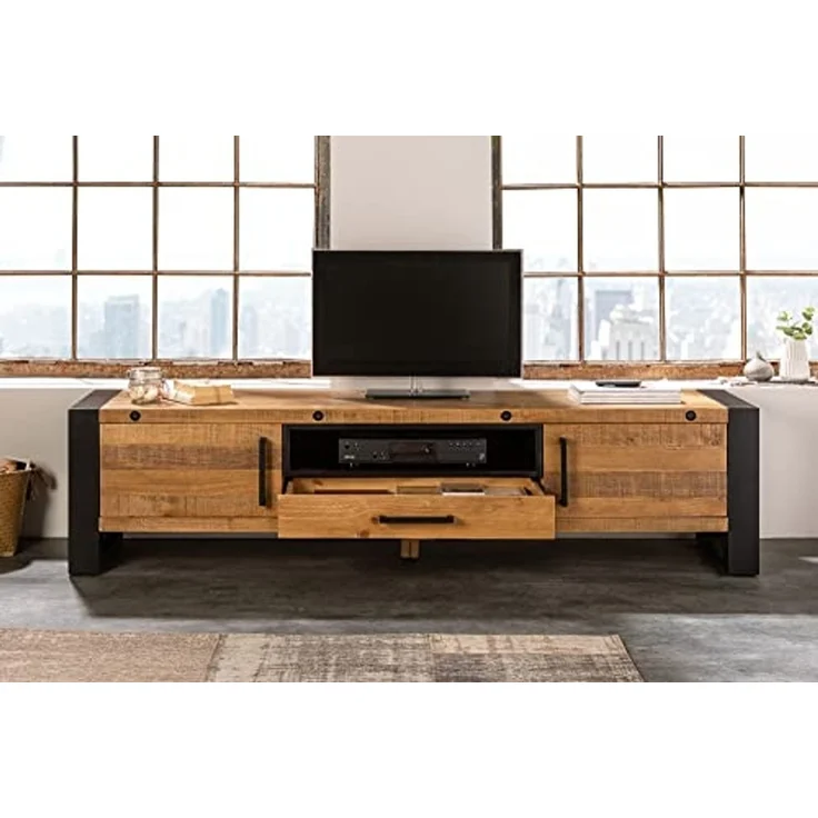 riess-ambiente Lowboard THOR 200cm natur / schwarz, Wohnzimmer · recyceltes Massivholz · Pinie · Industrial Design – Bild 4