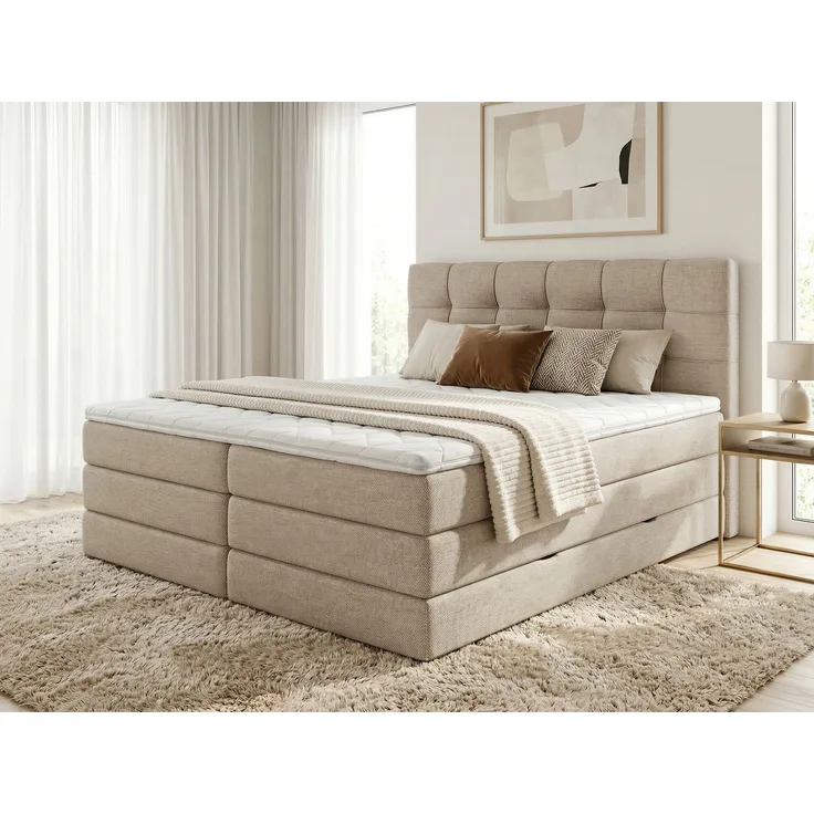 Boxspringbett Best XL mit 2 Bettkästen und Topper, mit Taschenfederkern- und Bonellfederkernmatratze, Doppelbett, Polsterbett aus Webstoff mit Stauraum (Beige (Inari 22), 180 x 200 cm)