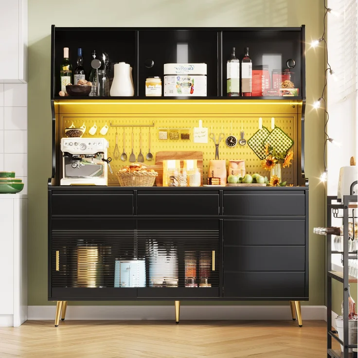 Hochschrank 144,9x39x171 cm mit LED-Beleuchtung, geriffelter Glasfront und Schiebetüren – Bild 4