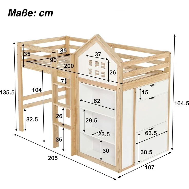 Hochbett mit Bücherregal, Stauraum, Lattenrost und Leiter, 90x200 cm, Schrank mit 2 Klappen und 1 Schublade, Kinderbett mit Rausfallschutz, Kiefer – Bild 7