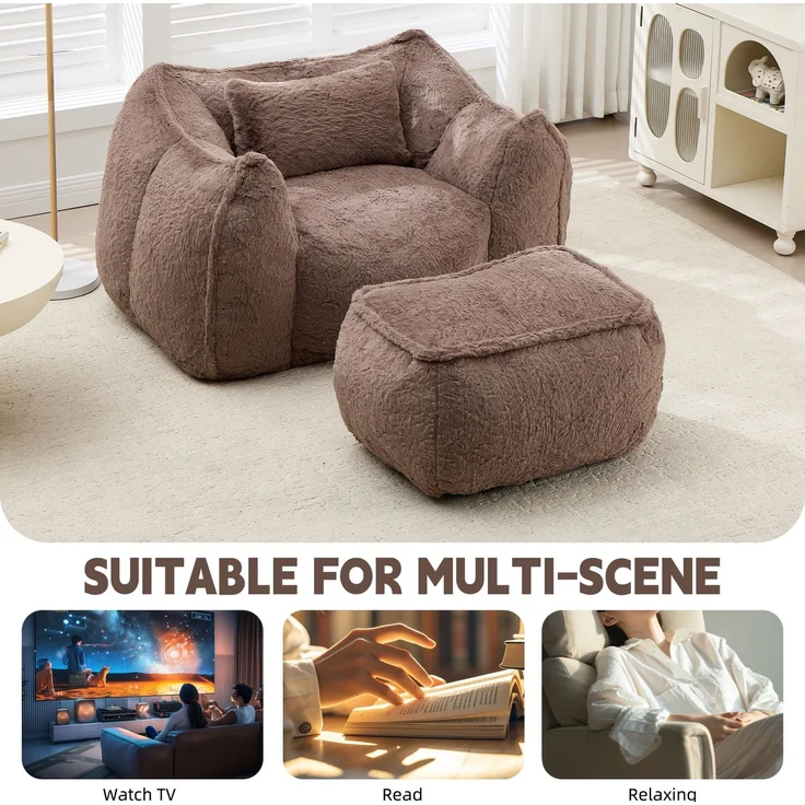 Riesiger Sitzsack für Erwachsene und Kinder, Sitzsack-Sofa mit Kunstfellbezug, Kissen und Hocker, bequemes Lese- und Spielsofa für Schlaf- und Wohnzimmer, Khaki--khaki--123x157x73cm--YOUDENOVA – Bild 6