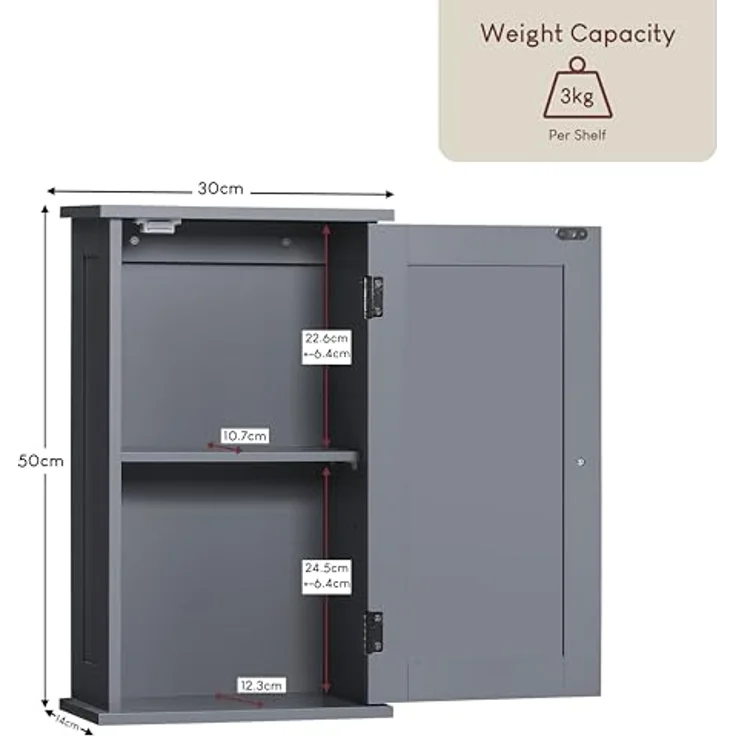 Bath Vida Priano Badezimmerschrank, Einzelschrank, Wandmontage, Aufbewahrungsschrank, Regal, Grau – Bild 3