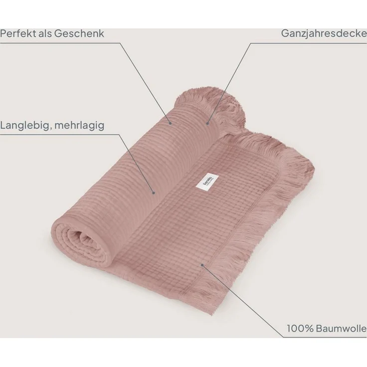 Kinderdecke MUSLIN BLANKET, lionelo, 6 Lagen/100% Baumwolle/ganzjährig/weicher Musselin/Fransen – Bild 2