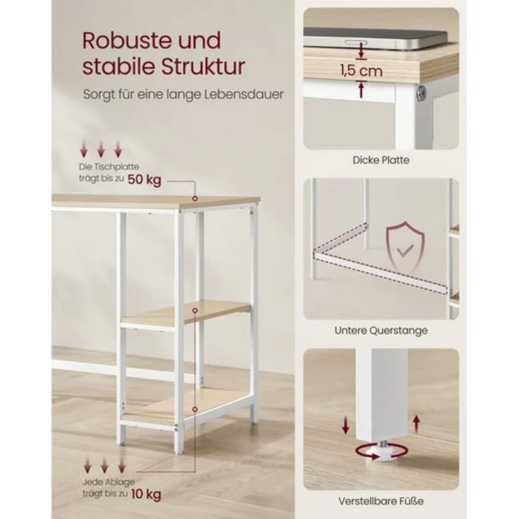 VASAGLE Tisch, Computertisch, Bürotisch, 100 x 50 x 76 cm, moderner Stil, für Arbeitszimmer, Schlafzimmer, Wohnzimmer, naturbeige-perlweiß – Bild 4