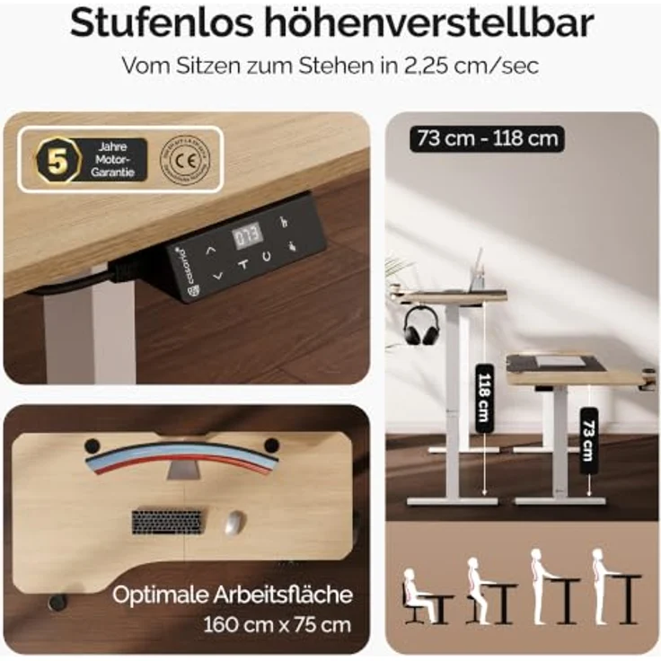 Casaria Elektrischer Schreibtisch L-Form 160x75cm, Höhenverstellbar 73-118cm mit LCD-Display und Stahlgestell in Beige, inkl. Tassen- und Kopfhörerhalter – Bild 3