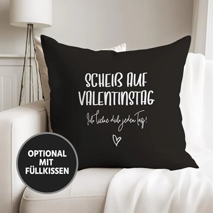 MoonWorks Dekokissen Kissen-Bezug Geschenk Valentinstag Scheiß auf Valentinstag Ich liebe dich jeden Tag Valentinstagsgeschenk Kissen-Hülle Deko-Kissen Baumwolle MoonWorks® – Bild 4