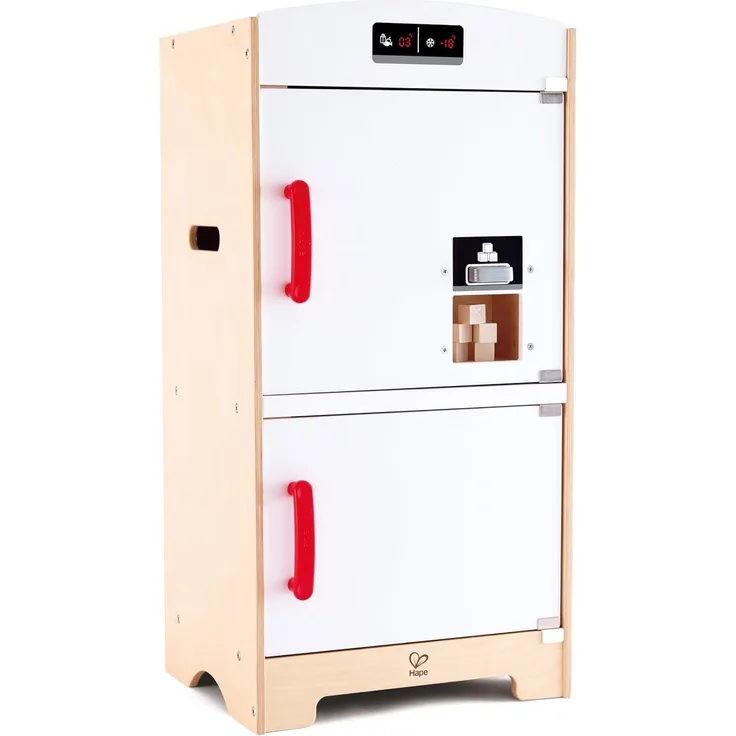 Hape E3153 - Weißer Kühlschrank mit Gefrierfach, Spielzeug-Kühlschrank mit vielen Funktionen, aus Holz, ab 3 Jahren, weiß