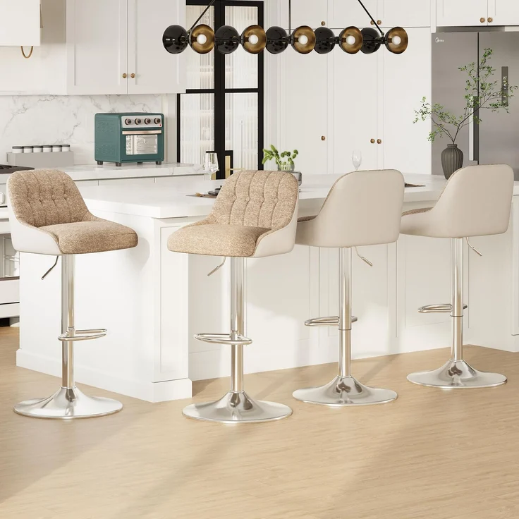 MALOL 360° Drehbarer Höhenverstellbarer Barhocker, Bar Hocker 4er Set mit Rückenlehne, Moderner Küchenhocker mit Metallfuß für Theke, Esszimmer, Barstuhl mit Kombination aus Leder und Stoff, Kamel