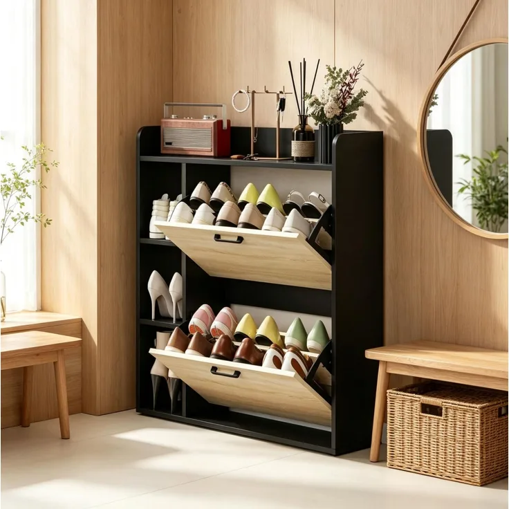 DESVIAE Garderobenschrank für Schuhe Schwarz/Naturholz aus Partikelplatte – 83x90,5x24 cm – 2 Kippschränke