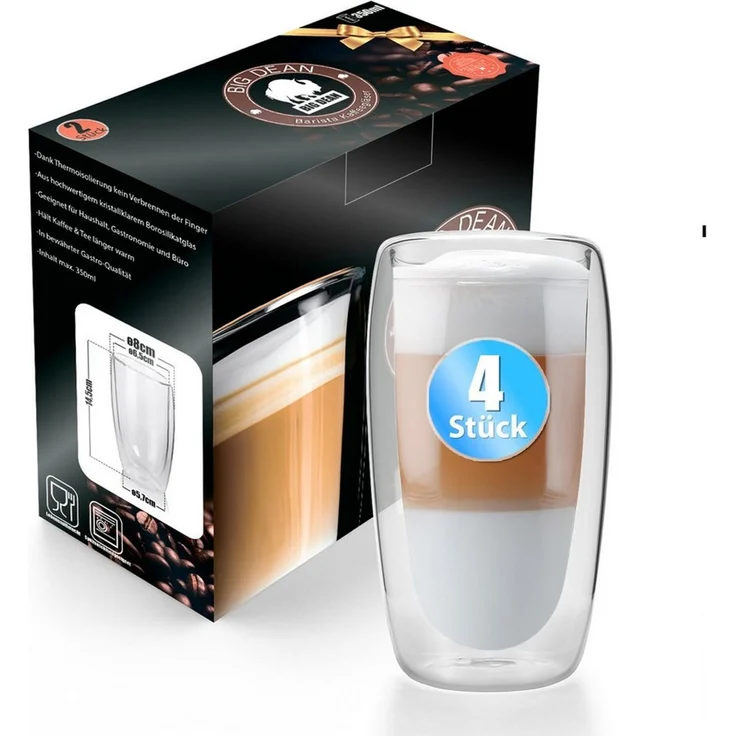 BigDean 4 Stück hohe doppelwandige Latte Macchiato Gläser 350 ml aus Borosilikatglas – Kaffeegläser in Geschenkverpackung – Bild 1