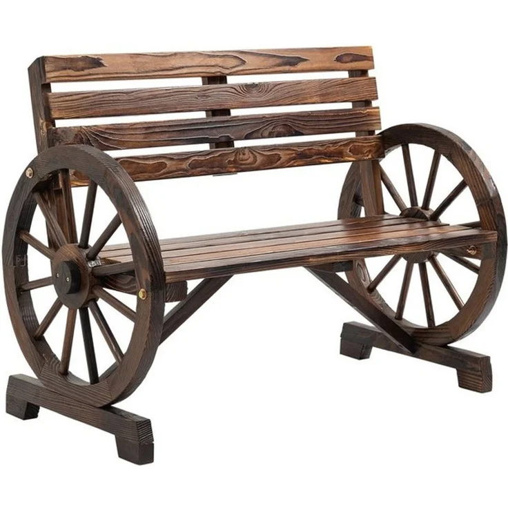 Outsunny Gartenbank 2-Sitzer Sitzbank Holzbank Parkbank im Wagenrad-Design, Bank mit Armlehne im Landhausstil bis 240 kg belastbar Tannenholz Verkohlt 105,5 x 56 x 79 cm – Bild 4