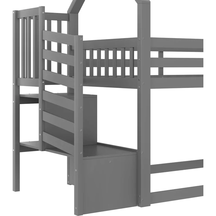 CHICFURN Etagenbett aus Kiefernholz und MDF Grau 90x200 cm mit Rutsche und Stauraumtreppe – Bild 4