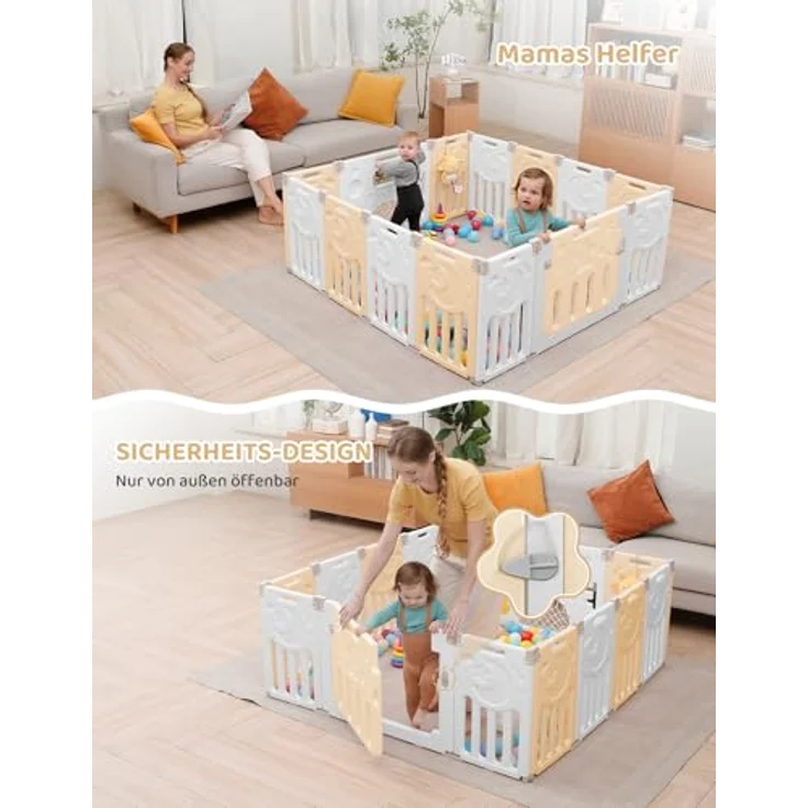 Dripex Faltbarer Laufstall Baby 150×150cm, Laufgitter Baby, Baby Playpen, Baby Laufstall mit Spielzeugboard, Laufstall in Anpassungsfähiger Form, Laufgitter aus Kunststoff, Gelb – Bild 8
