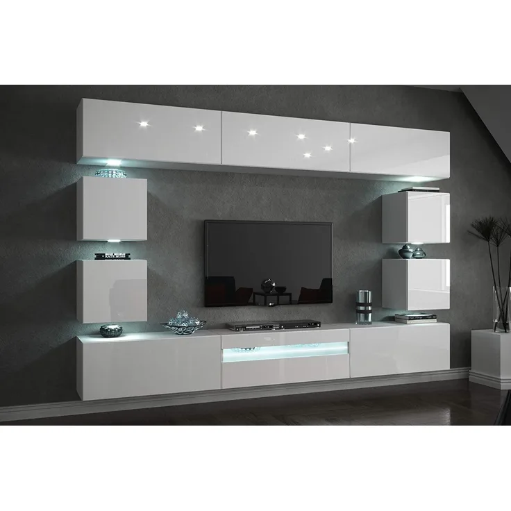 FURNITECH Future C81 Wohnzimmer Wandschrank Mediawand mit Led Beleuchtung Schrankwand Wohnwand Möbel (C81-HG-W2 1B (273 cm), LED weiß)