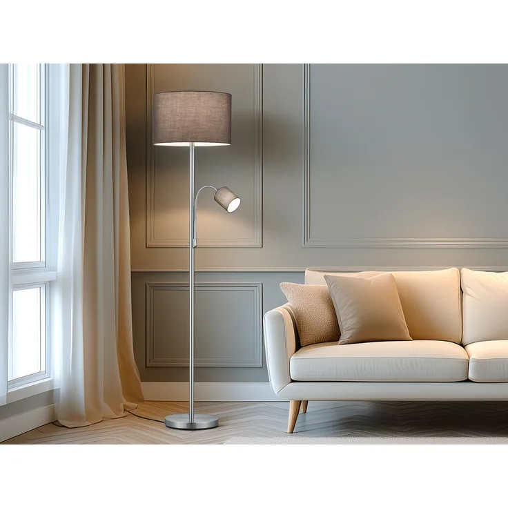 TRIO Leuchten LED Stehlampe wechselbar / dimmbar, Metall / Stoff grau, Höhe 170cm