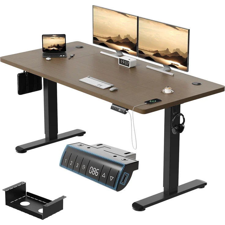 Elektrisch höhenverstellbarer Schreibtisch, Memory-Funktion, USB-Anschluss, Kabelmanagement, Holzwerkstoff / Metall, Walnuss, 160 x 80 cm, Höhe 72-118 cm – Bild 2