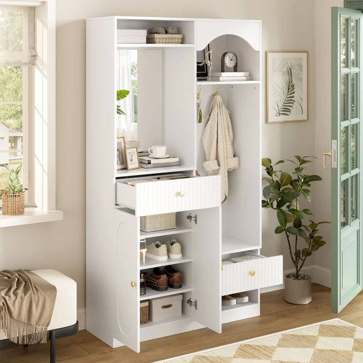 Kompaktgarderobe mit Spiegel und Sitzbank,Flurgarderobe mit Schuhschrank und Haken, Kleiderhaken,Kompaktgarderobe,Flurmöbel Set,Flurgarderobe,LED-Streifen mit einstellbarer Farbe--Weiß--100x35x180cm--YOUDENOVA – Bild 8