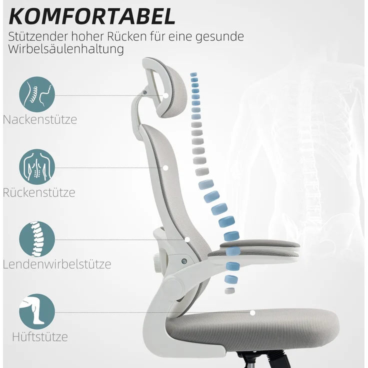 MELAYR, Ergonomischer Bürostuhl mit Netzstoff-Rückenlehne, höhenverstellbar, klappbare Armlehnen, 64 x 62 x 115 cm, Grau – Bild 6