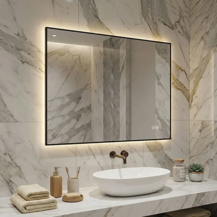 Badezimmerspiegel 60x80 cm in Silber, LED-Hintergrundbeleuchtung und Anti-Beschlag-Funktion