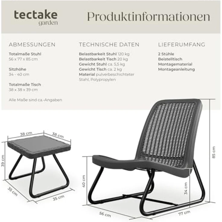 tectake Sitzgruppe Balkonmöbel Modica in Rattanoptik für 2 Personen, ergonomisch, (Set, 3-tlg), Pulverbeschichteter Stahl – stabil & hoch belastbar – Bild 6