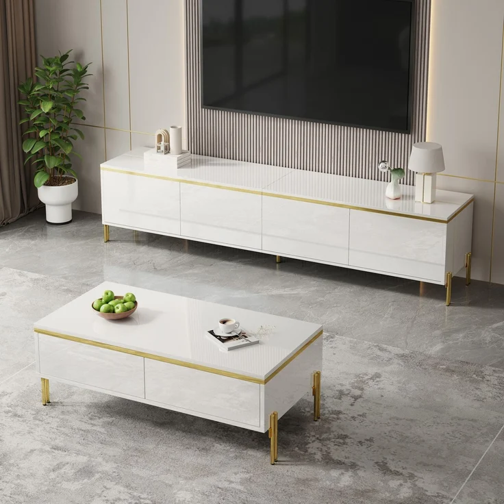JARDJ Modernes Luxus-TV-Schrank- und Couchtisch-Set , Hochglänzende Oberfläche in Unifarbe , Goldene Kanten , Großzügiger Stauraum – Bild 7