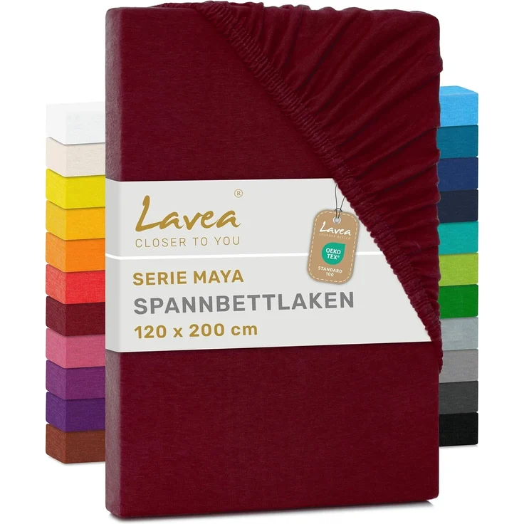Jersey Spannbettlaken, Spannbetttuch, Lavea Serie Maya, 120x200 cm, Bordeaux, 100% Baumwolle, hochwertige Verarbeitung, mit Gummizug