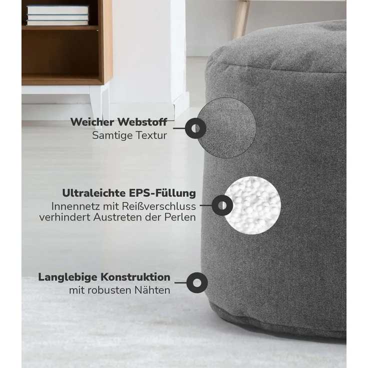 mokebo Pouf Der Ruhepouf (rund und aus Webstoff), Made in Germany, Sitzhocker, Bodenkissen, Fußhocker in Grau – Bild 4