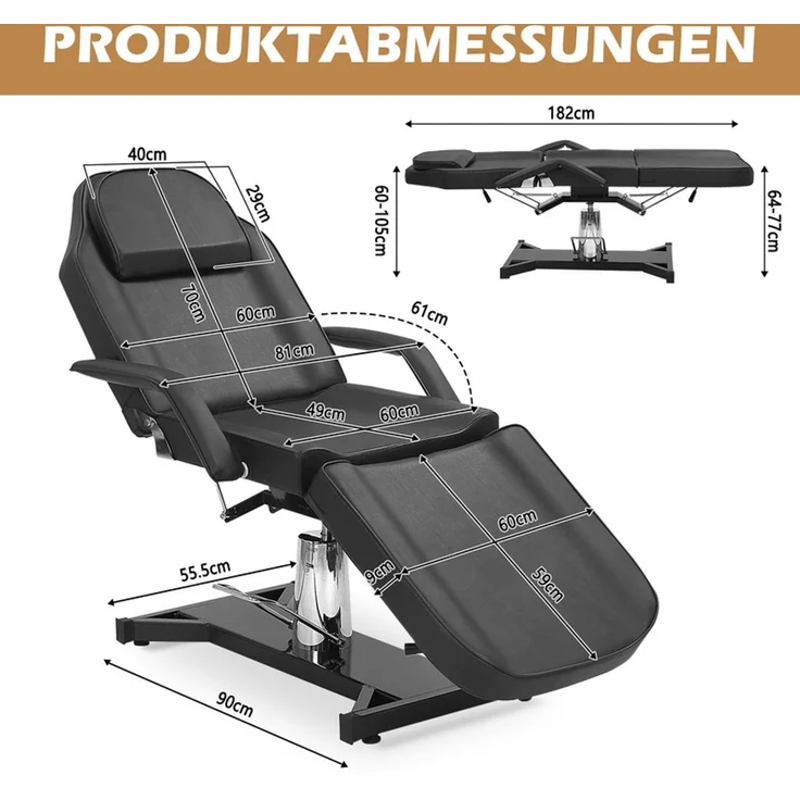 HOME NATURE WOHNKONZEPT Kosmetikliege hydraulisch, klappbare 3-Zonen Massageliege, Tattoo Liege 182x81x64 cm, Schwarz – Bild 2